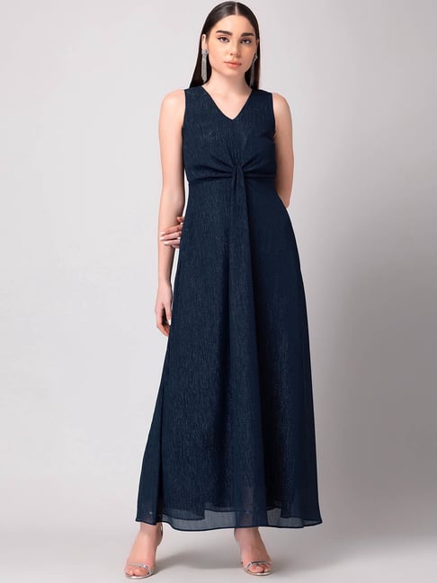 FabAlley Navy Blue Front Knot Maxi Dress