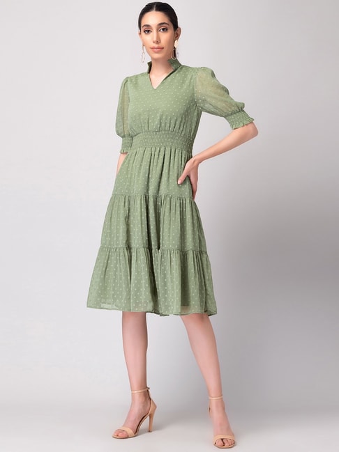 FabAlley Light Green Swiss Dot Tiered Midi Dress Price in India