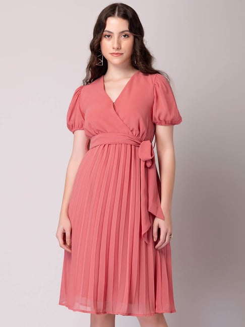 FabAlley Light Pink Pleated Dress With Tie Up Belt Price in India