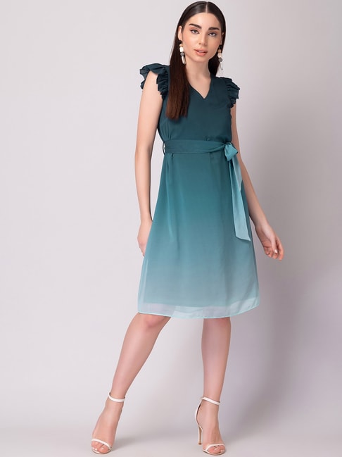 FabAlley Green Ombre Midi Dress With Tie Up Belt Price in India
