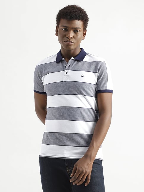 United Colors of Benetton White & Purple Cotton Regular Fit Striped Polo T-Shirt