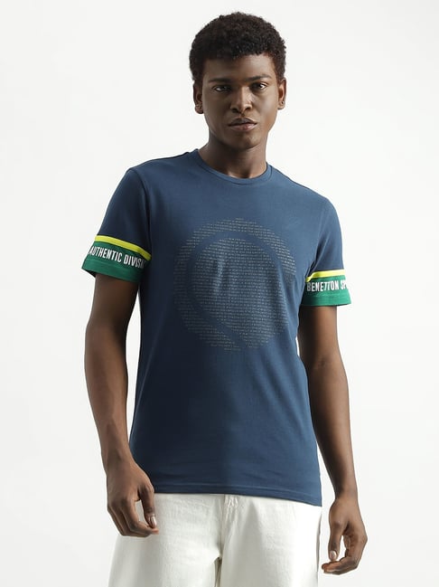 United Colors of Benetton Blue Cotton Regular Fit Printed T-Shirt