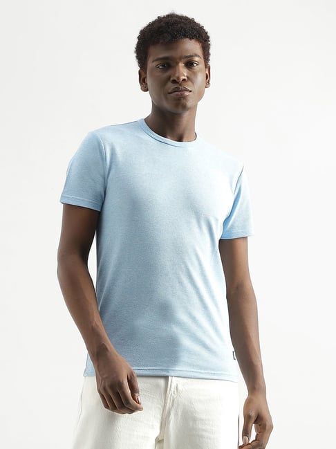 United Colors of Benetton Light Blue Regular Fit Texture T-Shirt