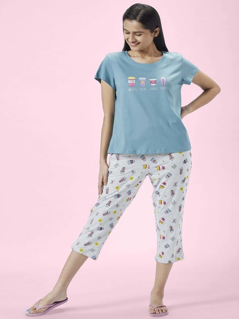Dreamz by Pantaloons Blue White Cotton Printed T-Shirt Capris Set-picture-18