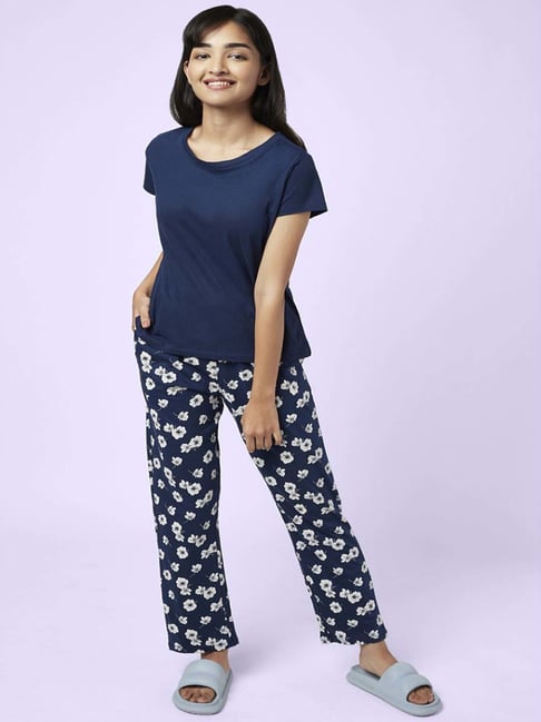 YU by Pantaloons Navy Cotton Floral Print Top Pyjama Set-picture-29