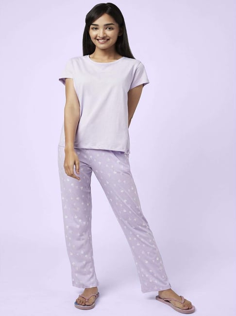 YU by Pantaloons Lilac Cotton Printed Top Pyjama Set