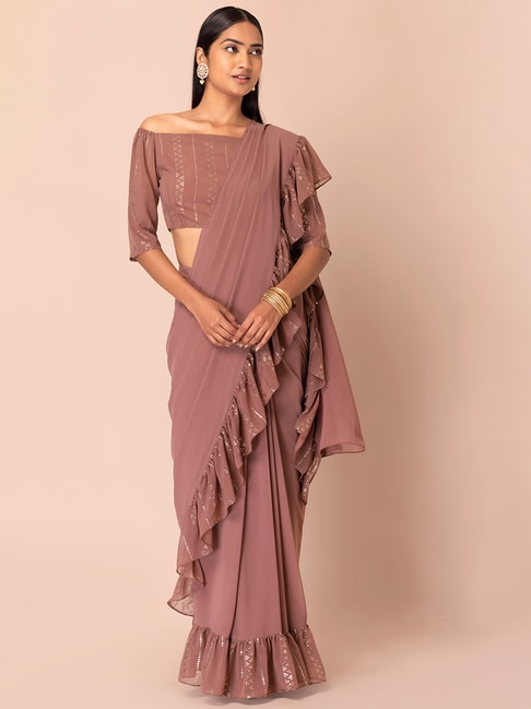 Indya Dusty Pink Embellished Ruffled Stitched Saree Without Blouse Price in India