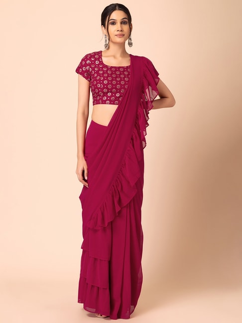 Indya Pink Ruffled Stitched Saree Without Blouse Price in India
