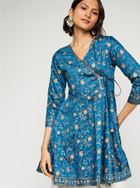 Global Desi Teal Viscose Floral Print Kurta