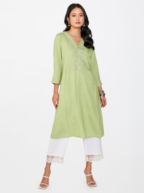 Global Desi Sage Green Viscose Embroidered Kurta