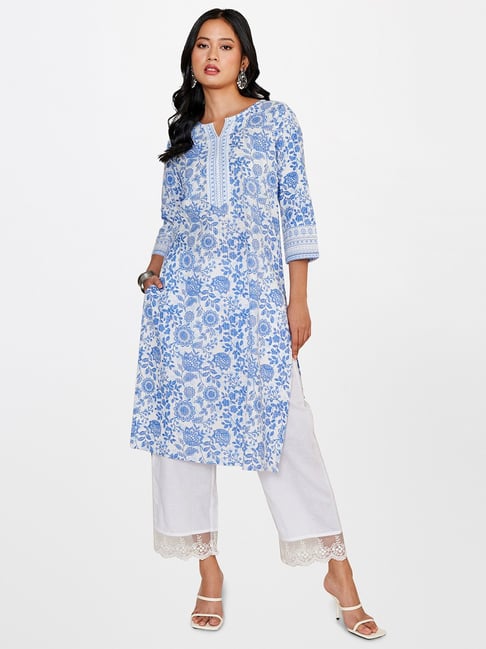 Global Desi Blue & White Cotton Floral Print Kurta