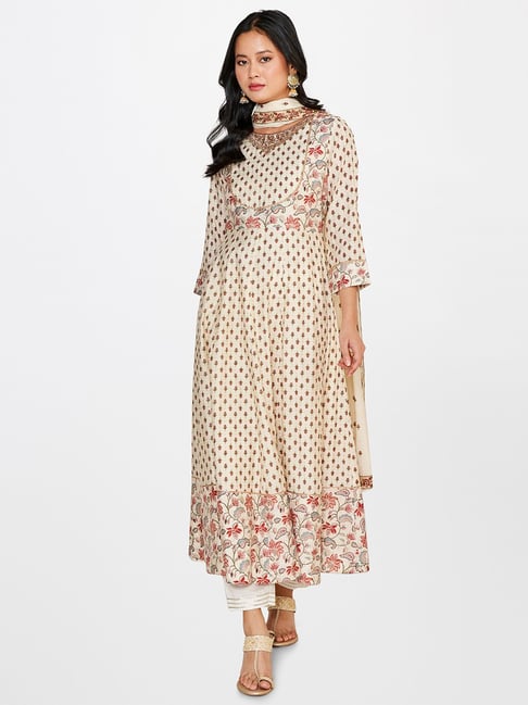 Global Desi Off White Viscose Embroidered Kurta With Dupatta