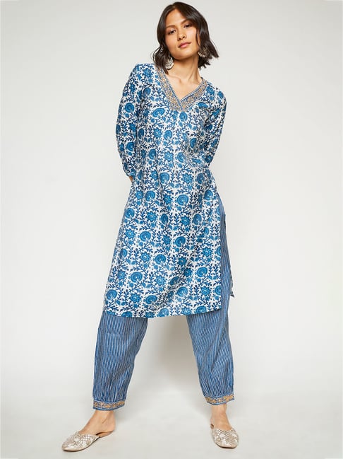 Global Desi Blue Viscose Floral Print Kurta With Pants