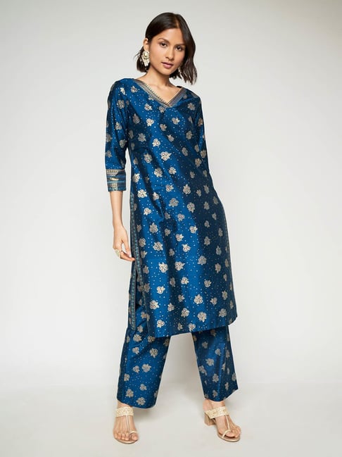 Global Desi Teal Viscose Printed Kurta With Pants