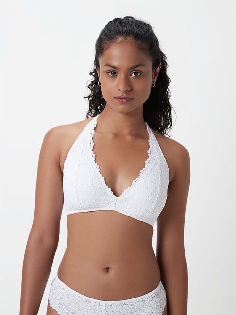 Superstar by Westside White Lace Design Halter Neck Bra Price in India,  Full Specifications & Offers