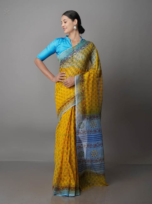 Unnati Silks Yellow Printed Saree With Blouse Price in India