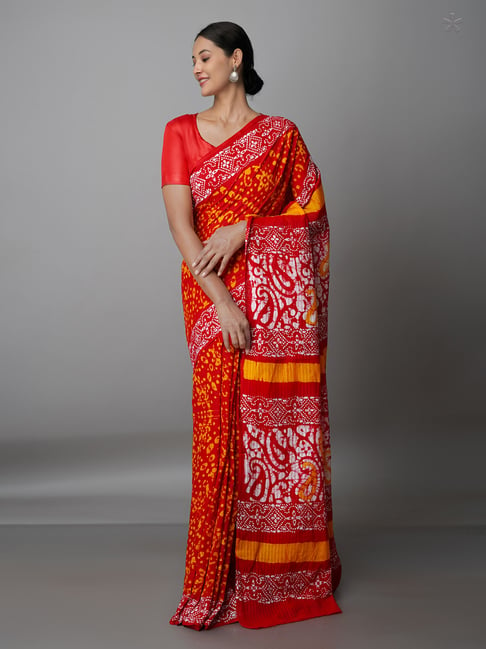 Unnati Silks Red Printed Saree With Blouse Price in India