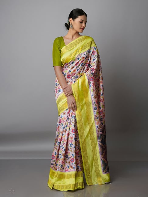 Unnati Silks Peach & Yellow Kalamkari Saree With Blouse Price in India