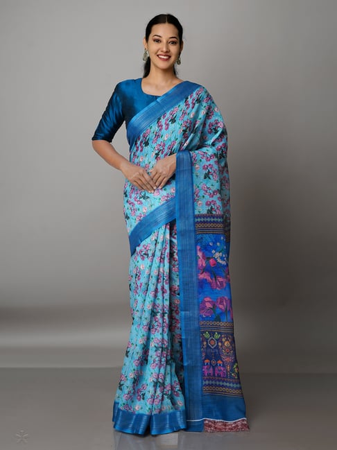 Unnati Silks Sky Blue Printed Saree With Blouse Price in India