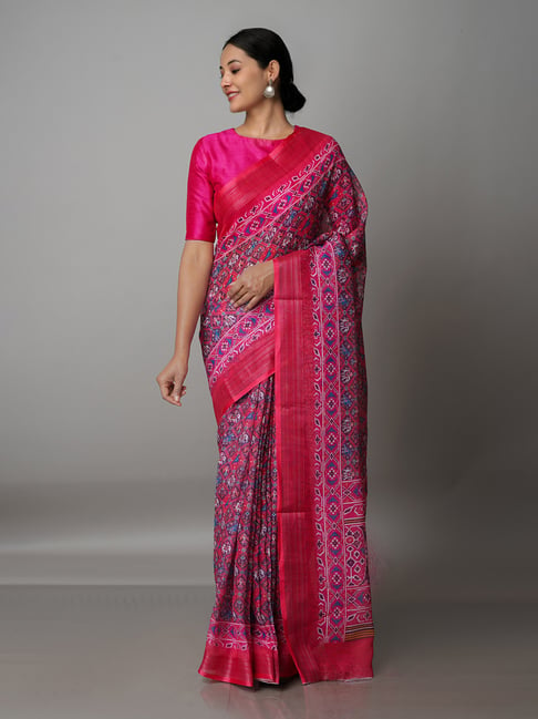 Unnati Silks Pink Printed Saree With Blouse Price in India