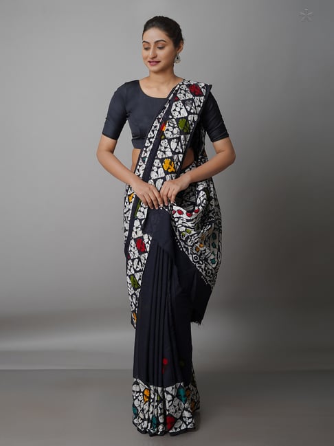 Unnati Silks Black Printed Saree With Blouse Price in India