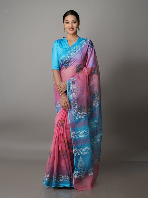 Unnati Silks Pink Printed Saree With Blouse Price in India