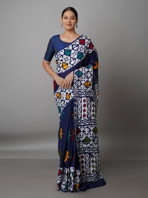 Unnati Silks Navy Printed Saree With Blouse Price in India