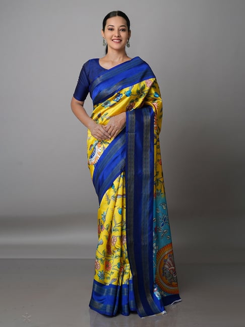 Unnati Silks Yellow & Blue Kalamkari Saree With Blouse Price in India