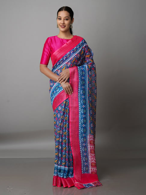 Unnati Silks Pink & Blue Printed Saree With Blouse Price in India