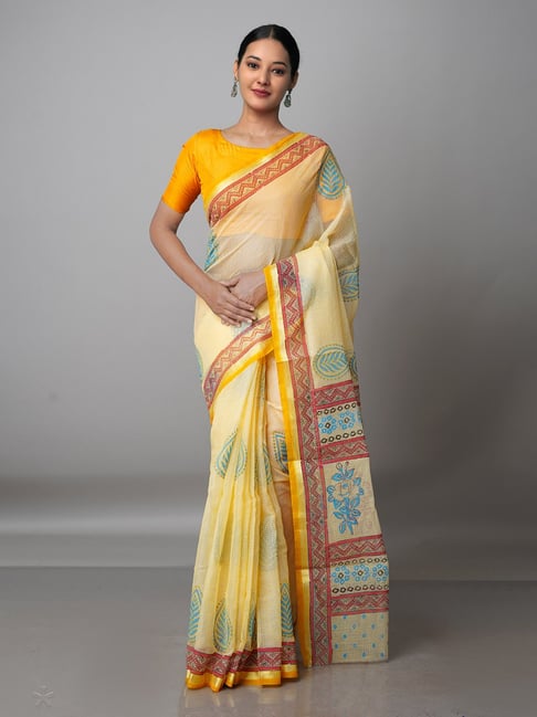 Unnati Silks Light Yellow Printed Saree With Blouse Price in India