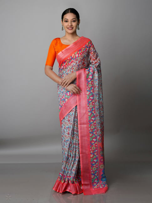 Unnati Silks Sky Blue Printed Saree With Blouse Price in India