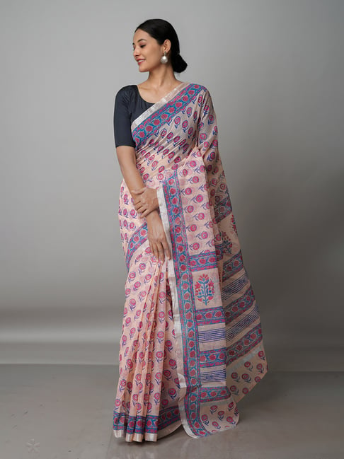 Unnati Silks Peach Printed Saree With Blouse Price in India