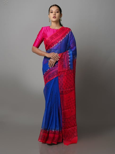 Unnati Silks Blue & Pink Printed Saree With Blouse Price in India