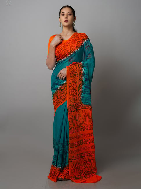 Unnati Silks Teal & Orange Printed Saree With Blouse Price in India