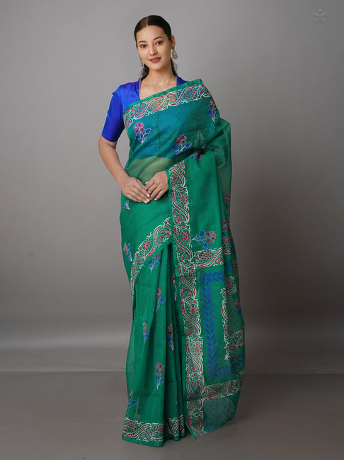 Unnati Silks Green Printed Saree With Blouse Price in India