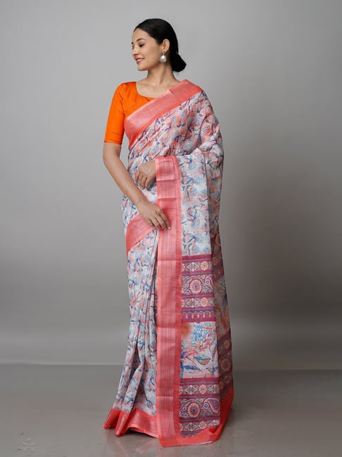 Unnati Silks Beige Printed Saree With Blouse Price in India