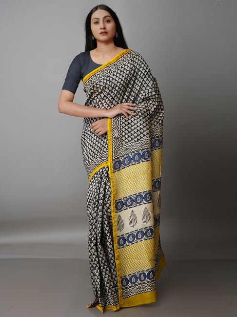 Unnati Silks Black Printed Saree With Blouse Price in India