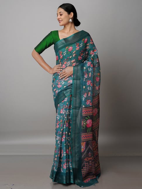 Unnati Silks Dark Green Printed Saree With Blouse Price in India