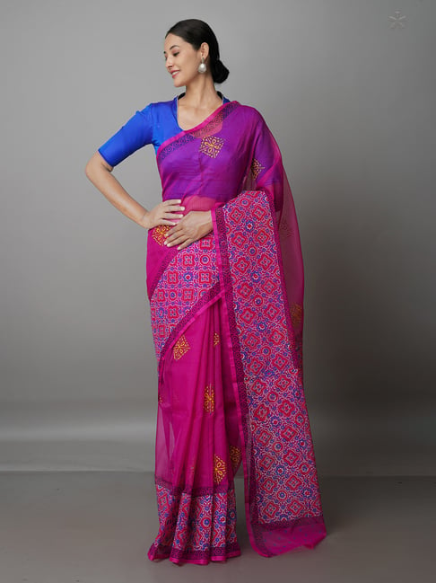 Unnati Silks Dark Pink Printed Saree With Blouse Price in India