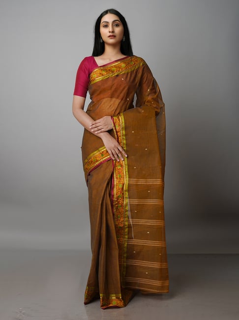 Unnati Silks Brown Woven Saree With Blouse Price in India