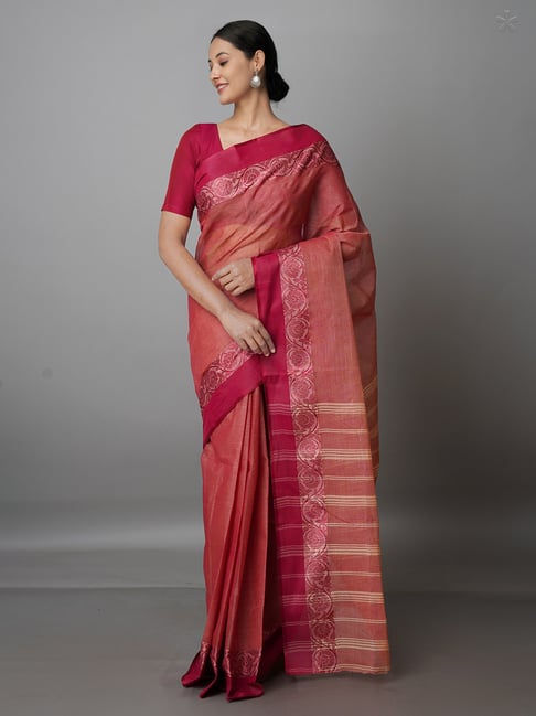 Unnati Silks Red Woven Saree With Blouse Price in India