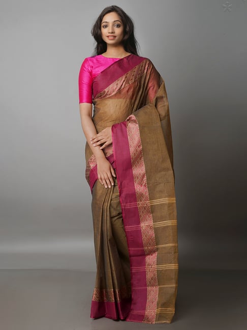 Unnati Silks Brown Woven Saree With Blouse Price in India