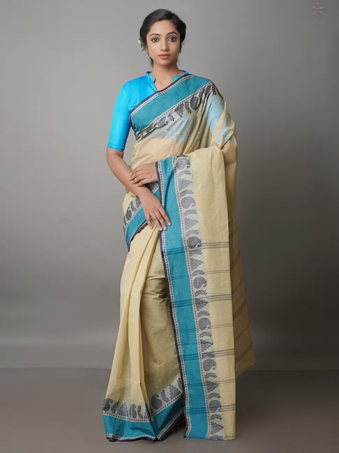 Unnati Silks Cream Woven Saree With Blouse Price in India