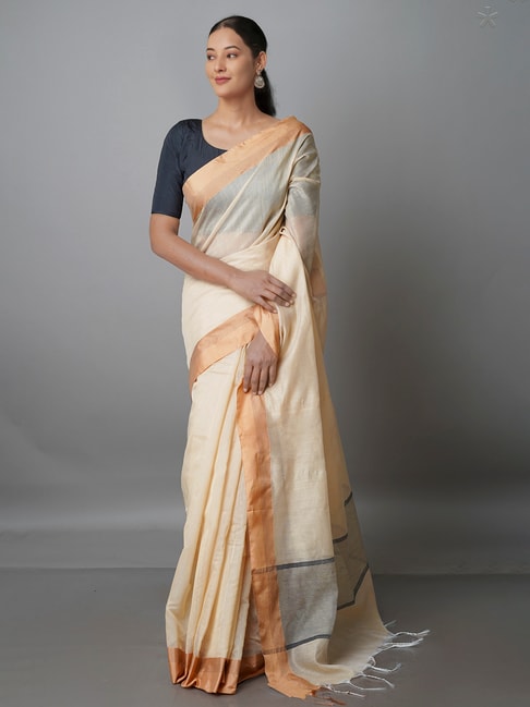 Unnati Silks Cream Woven Saree With Blouse Price in India