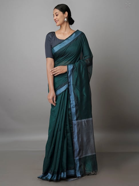 Unnati Silks Dark Green Woven Saree With Blouse Price in India