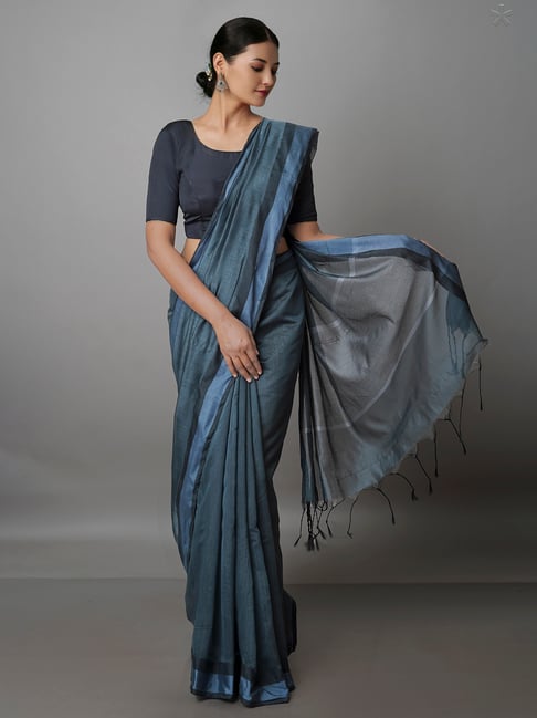 Unnati Silks Dark Grey Woven Saree With Blouse Price in India