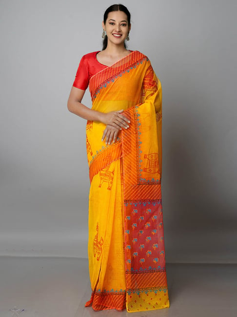 Unnati Silks Yellow Printed Saree With Blouse Price in India