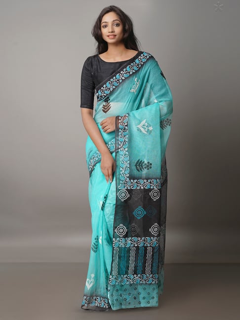 Unnati Silks Turquoise Printed Saree With Blouse Price in India