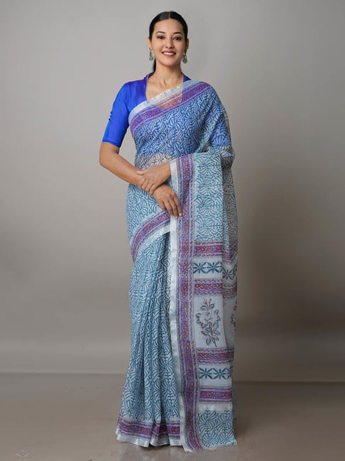 Unnati Silks Light Grey Printed Saree With Blouse Price in India