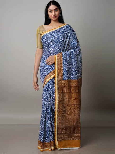 Unnati Silks Navy Printed Saree With Blouse Price in India